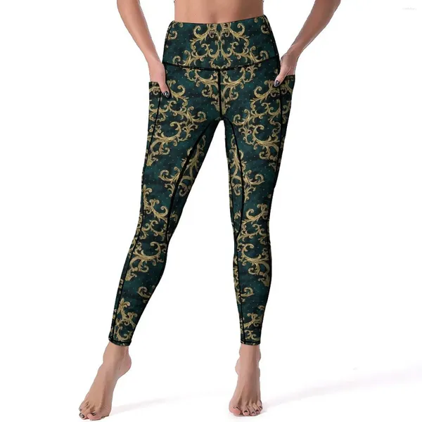 Pantaloni attivi Leggings con stampa barocca in velluto Oro e verde Allenamento Yoga Vita alta Sport divertente con tasche Legging elasticizzato