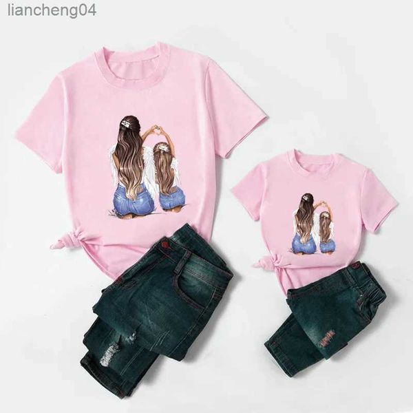 Abiti coordinati per la famiglia Abiti coordinati per la famiglia Bellissimo amore Madre figlia Stampa T-shirt rosa Abiti da donna per ragazze T-shirt look per famiglia alla moda