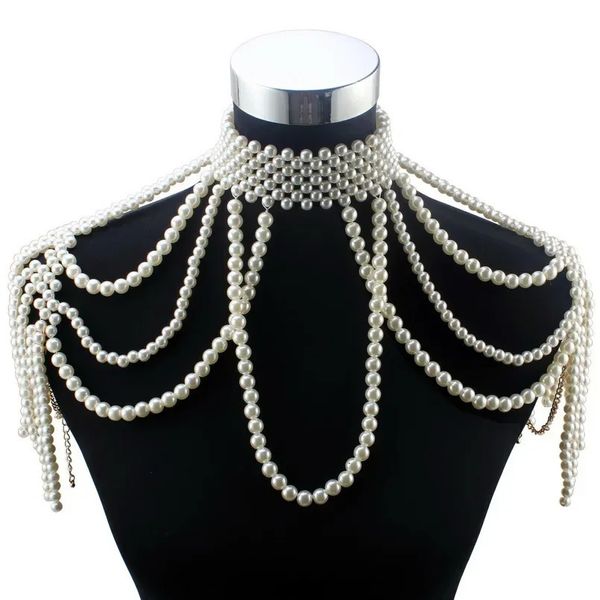 Lange Perlenkette, grobe künstliche Perlenkette, Körperschmuck für Damen, Kostüm, Halsband, Anhänger, Schulter-Statement-Halskette 240223