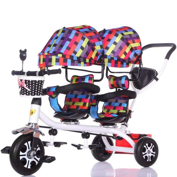 Atacado- carrinho duplo criança bicicleta carrinho duplo assentos bebê triciclo para gêmeos bicicleta dobrável três rodas gêmeos triciclo carrinhos