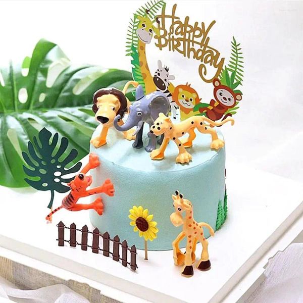 Forniture festive 6 pz/set Ornamenti Animali Cake Topper Foresta Zoo Tema Giraffa Leone Festa di Compleanno Giorno dei bambini Dessert Cupcake Decor