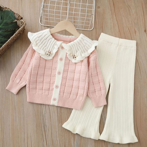 Set di vestiti in maglia per bambina primavera/estate 2024 maglione in jersey di lana per bambini giacca pantaloni set di 2 pezzi vestiti per bambini 6 anni 240225