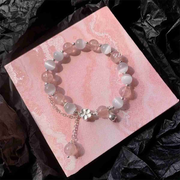 Perlenarmband aus 925er-Sterlingsilber mit rosa Pfirsichblüten-Erdbeerkristall-Opal-Kristall-Quasten-Armband-Charm für Frauen, Schmuck, Geschenke, YQ240226