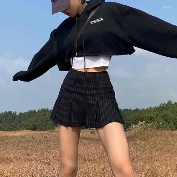Юбки плиссированные Y2k винтажные полосатые женские с высокой талией в консервативном стиле корейские сексуальные тонкие трапециевидные мини-юбки школьная форма повседневная