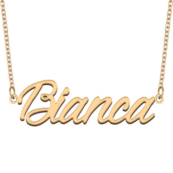 Bianca Nome Collana Ciondolo per Donne Ragazze Regalo di Compleanno Targhetta Personalizzata Bambini Migliori Amiche Gioielli in Acciaio Inossidabile Placcato Oro 18k