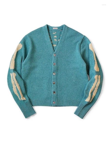 Suéteres masculinos 2024 Kapital Vintage V-neck Esqueleto Japonês Malha Solta Cardigan Sweater MY693