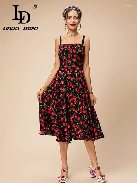 Abiti casual LD LINDA DELLA 2024 Style Runway Designer Abito vintage da donna Bretelle in vera seta Cherry Print Splice Slim Fit