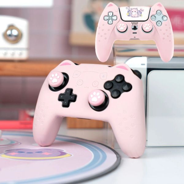 Casos Cat Paw Rosa Silicone Soft Cover Adesivo Pele para Nintendo Switch Pro Sony Dualsense 5 PS5 Controller Case Thumb Stick Grip Cap