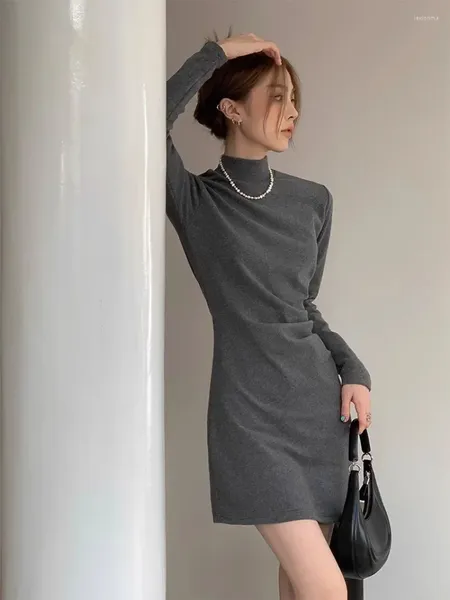 Vestidos casuais shirring vestido de fundo sólido mulheres coreano elegante temperamento hip envoltório saia meia altura colarinho high-end magro outono inverno