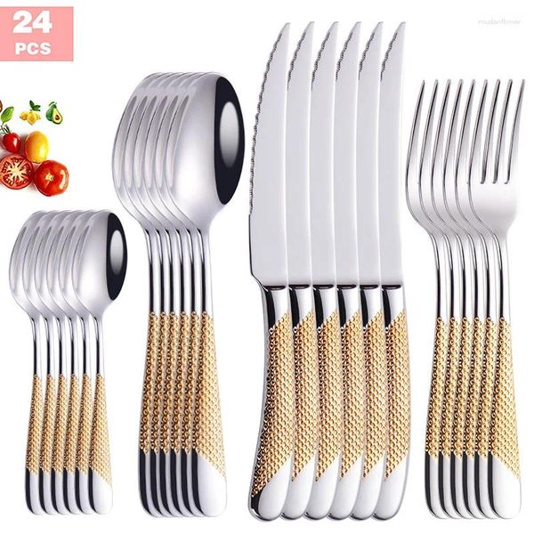 Yemek takımı setleri 24pcs altın seti 304 paslanmaz çelik sofra bıçağı çatal çatallı stepware bulaşık makinesi güvenli gümüş eşya çatal bıçak