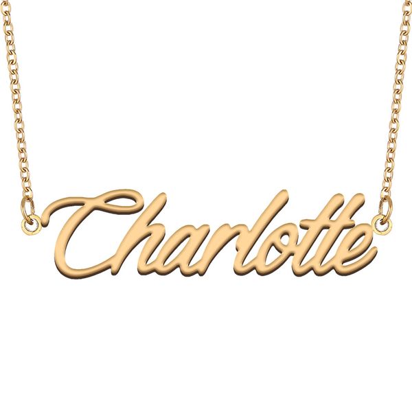 Charlotte nome colar pingente para mulheres meninas presente de aniversário placa de identificação personalizada crianças melhores amigos jóias 18k banhado a ouro aço inoxidável