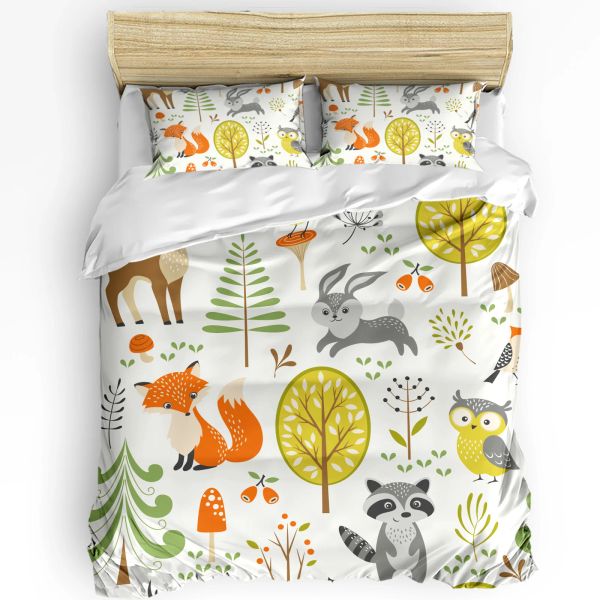 Sets Wald -Cartoon -Tiere World Fox Bunny Owl Beding Set 3PCS Bettdecke Kissenbezug Quilt Deckung Doppelbett Set Home Textile