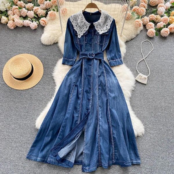 Partykleider Französischer Stil Jeanskleid Spitzenkragen Halbarm Big Swing Jean Hemd Frühling Sommer Elegante lange A-Linie Vestidos