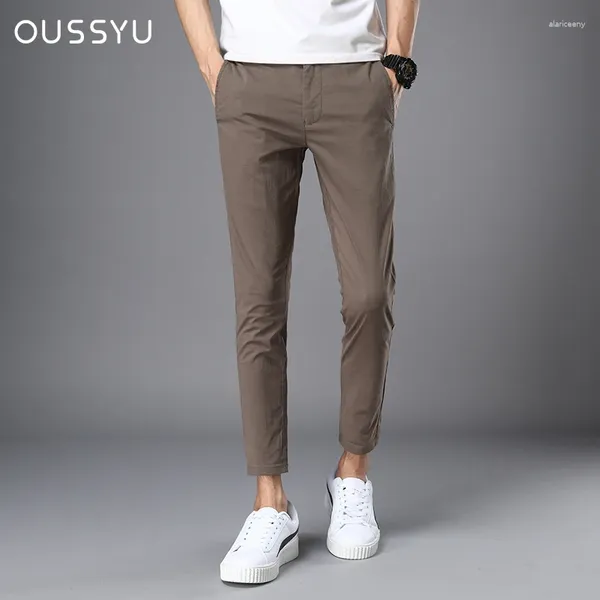 Calças masculinas 2024 verão tornozelo-comprimento homens estiramento casual fino ajuste cintura elástica jogger negócios coreano fino marrom clássico calças masculinas