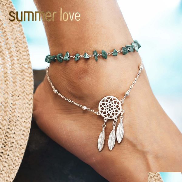 Cavigliere Nuovo stile Chic Donna Boho Etnico Irregarità Cavigliere di pietra Dreamcatcher Catena del piede Gioielli da spiaggia Moda Foglia Piuma Dhgarden Dhei3