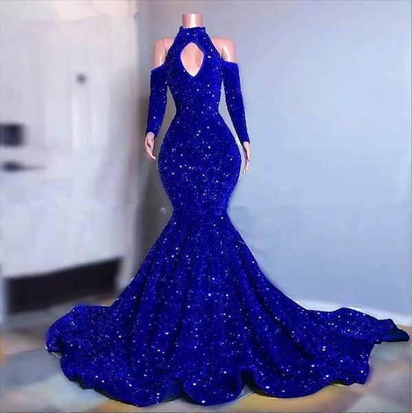 Plus Size Royal Blue Paillettes scintillanti Abiti da ballo Maniche lunghe Abiti da sera a sirena 2024 Elegante abito formale da donna con spalle scoperte