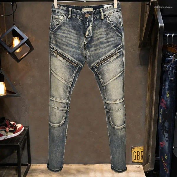 Jeans da uomo Moda europea e americana Lavaggio vintage Personalità Giuntura con cerniera Decorazione Pantaloni da moto elastici multi-bag