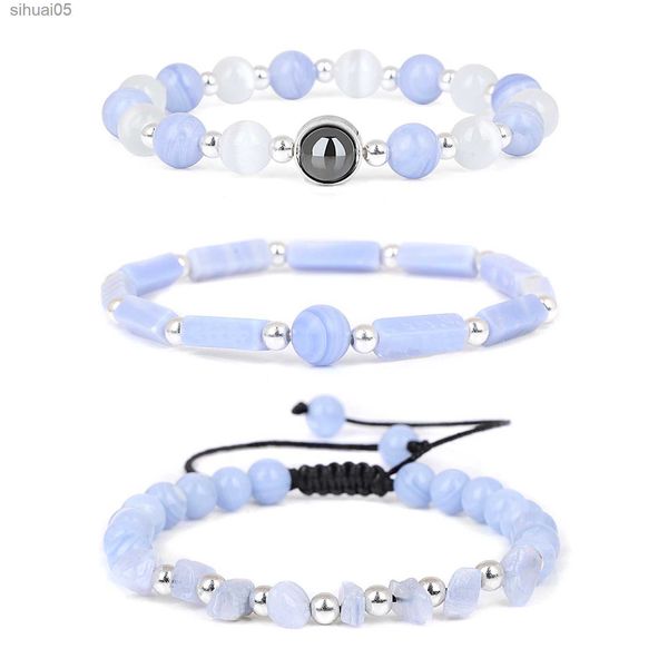 Set di braccialetti di agate naturali in rilievo 3 pezzi / set per donna uomo braccialetto di perline di pietra curativa braccialetto di agate di pizzo blu braccialetti gioielli femminili Yoga YQ240226