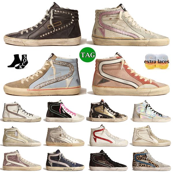 Vintage Italien Marke Damen Herren Modedesigner Freizeitschuhe 2024 Neue Mid Slide High-Top-Sneakers Weißes Leder Stern- und Blitzschuh Kalbsleder Flieder Glitzer Obermaterial Wildleder