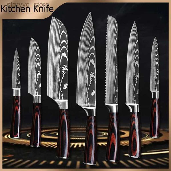 Facas de cozinha Facas de cozinha 1-10PCS 7CR17 440C Aço inoxidável Laser Damasco Padrão Japonês Santoku Cleaver Slicing Utility Faca de chef Q240226