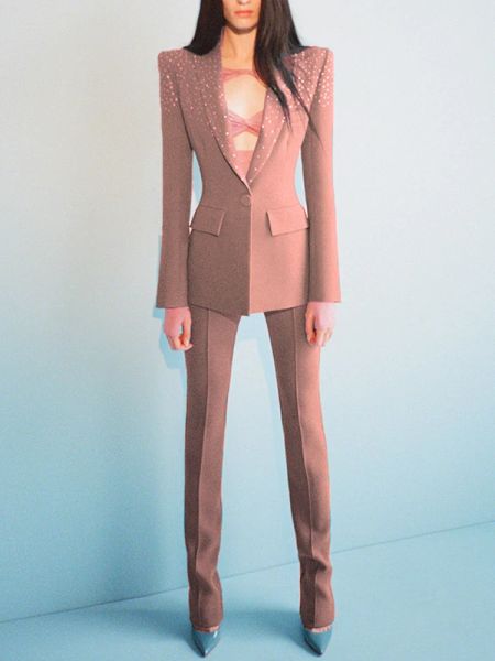 Top -Qualität neueste 2024 Modedesigner S/S Karriereanzug Set Frauen eleganter Single -Button -Diamanten Perlen Blazer Hosen Anzug