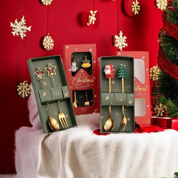 Set di stoviglie Set di stoviglie di Natale Cucchiaino da caffè carino cartone animato Babbo Natale creativo Dessert Forchetta da frutta Confezione regalo