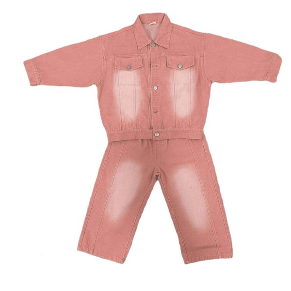 Set di abbigliamento per bambini 2024 nuovi ragazzi primaverili che lavano giacca e pantaloni in denim rosa di cotone bel set in due pezzi 240225