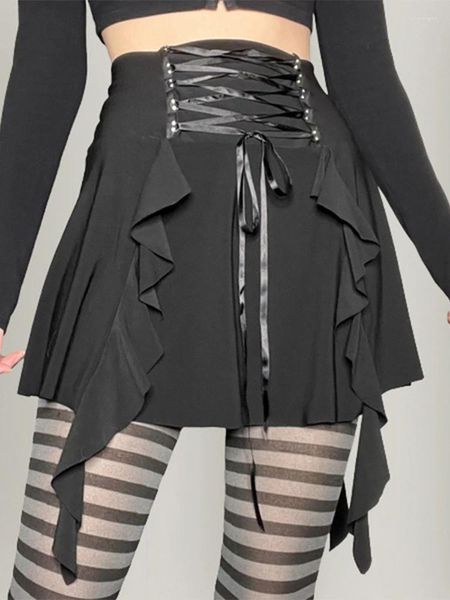 Röcke Jahreszeiten Goth Frauen Minirock Schnürung Hohe Taille Rüschen Saum A-Linie Kurz Kawaii Outfits Harajuku Maid Kostüm ASSK86546