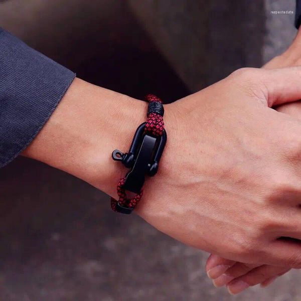 Charm Bilezikler Paslanmaz Çelik Erkekler Bilezik Ayarlanabilir Sınıf A Paracord Halat Braclet Homme Çift Kat Söndürülebilir Açık Kamp