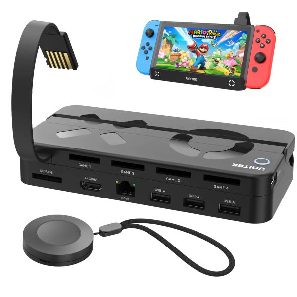 Adattatore Switcher di schede di gioco Unitek per Nintendo Switch Lettore di schede multi-gioco con docking station USB a 4K HDMI RJ45 Gigabit Ethernet