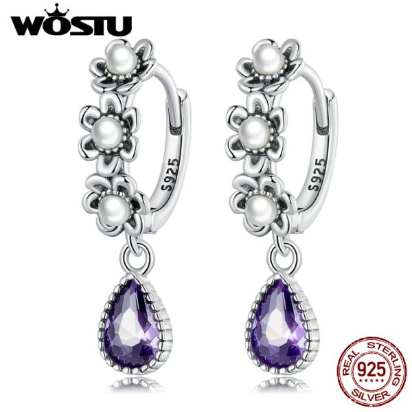 Orecchini WOSTU 925 Sterling Silver Vintage Orecchino di perla Viola Goccia Zircone Fibbie per orecchie Fiori che sbocciano Danlge Orecchino Gioielleria raffinata Regalo