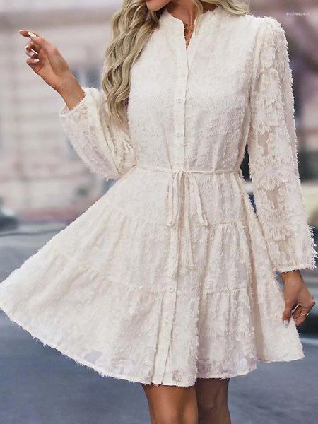 Casual Kleider Spitze Kleid Frauen Frühling Jacquard Kurze Weibliche Vintage Mode Mini Damen Elegante Einreiher Vestidos