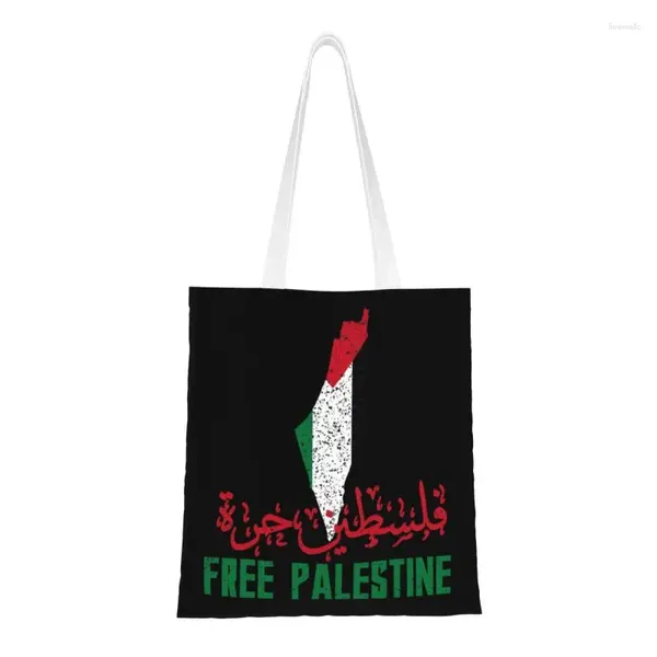 Sacos de compras Livre Palestina em Árabe e Inglês Caligrafia Canvas Shopper Tote Ombro Bandeira Palestina Mapa Bolsa