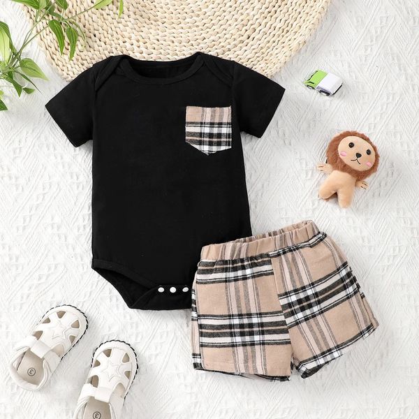 Conjunto de 2 peças para bebê menino casual com bolso e manga curta macacão xadrez 240225