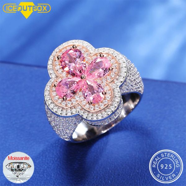 Ringe 925 Sterling Silber Lucky Clover Cross Ring mit rosa blauem Wassertropfenstein Iced Out Paarringe für Frauen Männer Hip Hop Geschenke