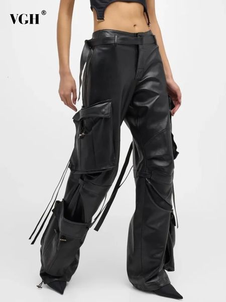 VGH gespleißte Taschen, solide Leder-Cargohose für Damen, hohe Taille, Patchwork-Gürtel, lockere Streetwear, bodenlange Hose, weiblich, 240222