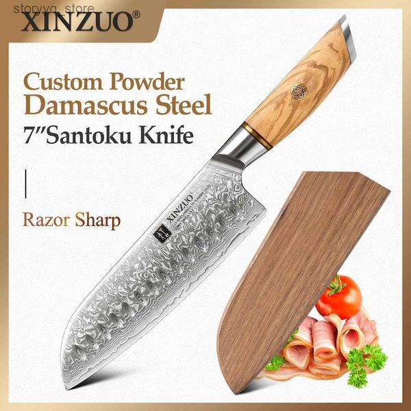 Кухонные ножи XINZUO 7-дюймовый нож Santoku73-слойный сердечник из порошковой стали Кухонные ножи из дамасской стали 14Cr14MovNb Порошковая сталь и ручка из оливкового дерева Q240226