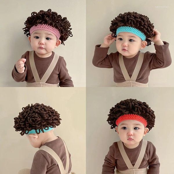 Berets 1-6yrs novidade crianças peruca chapéu festa cosplay acessórios pogal adereços menino menina inverno afro boné de malha cabelo encaracolado