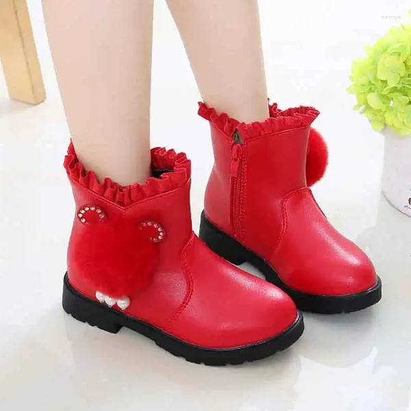 Botas meninas pu couro curto pom borla desenhos animados designer tornozelo laço festa de casamento dança estudantes sapatos preto vermelho