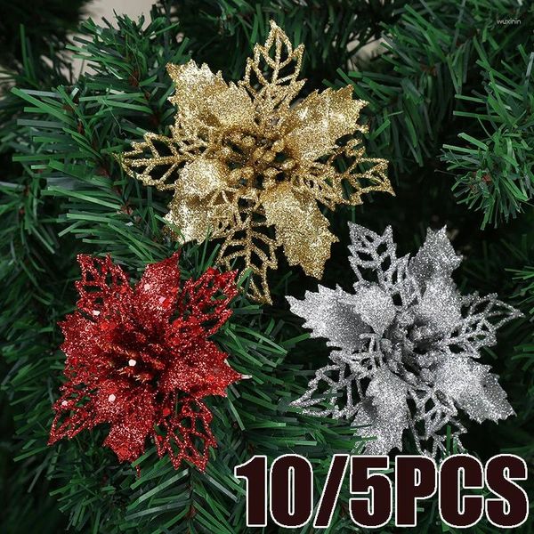 Decorazioni natalizie 10/5 pezzi 12 cm fiore di simulazione glitter polvere d'oro fiori artificiali finti albero ornamenti per la casa