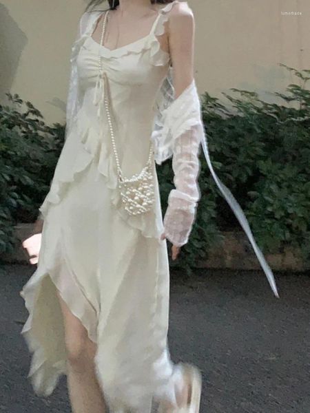 Casual Kleider Fee 2 Stück Kleid Set Frau Langarm Crop Tops Elegante Solide Strap Midi Party Korea Mode Anzug 2024 sommer