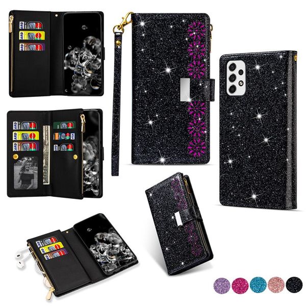 Premium Glitzer PU Leder Brieftasche Hüllen für Samsung Galaxy A54 5G A53 A14 A34 A52 A13 A51 A71 A33 A32 A52S Kartensteckplatz Kickstand Hülle Bling Handtasche Hülle Flip Cover