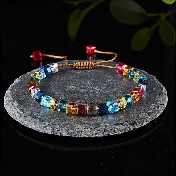 Frisado artesanal 4mm pulseira brilhante colorido sete chakra cristal grânulo ajustável corda corrente pulseira para mulheres feminino charme jóias yq240226