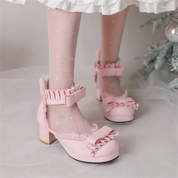 Scarpe eleganti PXELENA Donne dolci giapponesi Mary Janes 2024 Sandali Lolita estivi Ragazze Ruffles Punta tonda Tacchi medi Bianco Rosa Taglie forti