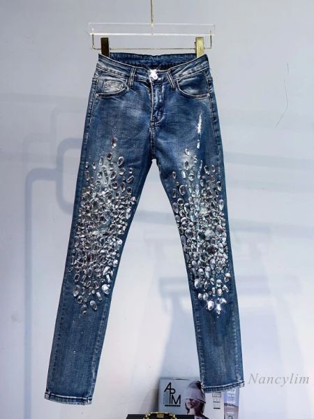 Джинсы Европейская мода ручной работы шитье джинсовые брюки с бриллиантами женские супер блестящие сексуальные утягивающие эластичные облегающие джинсы скинни джинсы с заклепками