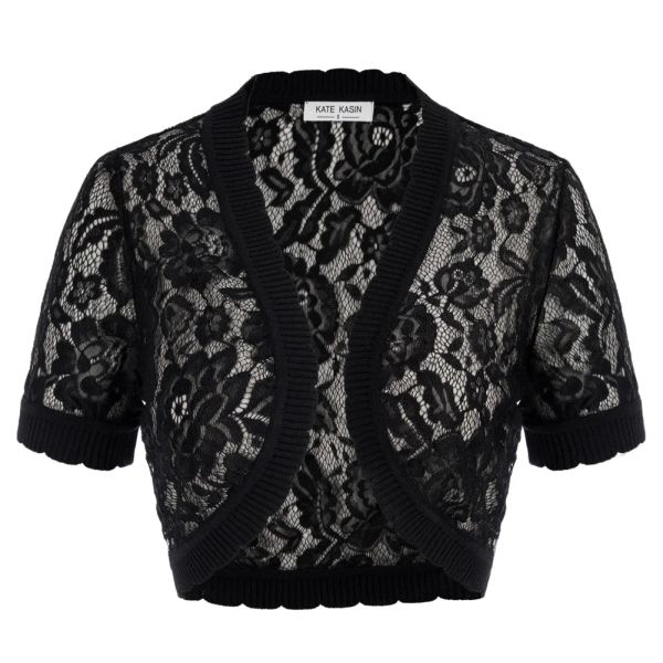 Jaquetas KK Mulheres Lace Bolero Preto Branco Manga Curta Frente Aberta Irregular Hem Shrug Elegante Senhoras Cropped Jacket Shrug para Vestido A30