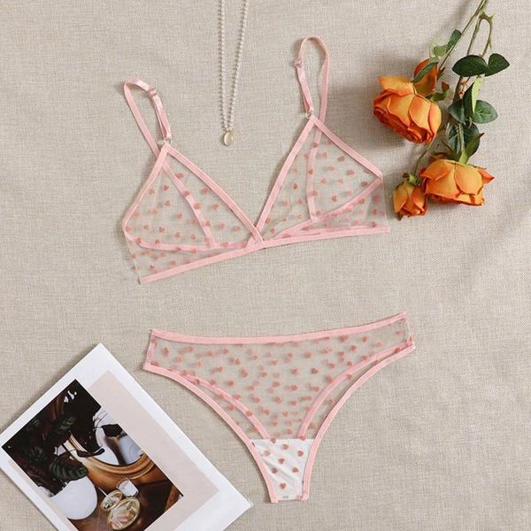 Set di reggiseni Tentazione Amore Polka Dots Set di lingerie da donna Reggiseno in prospettiva a rete Biancheria intima sottile a tre punti Vestito di lingerie sexy