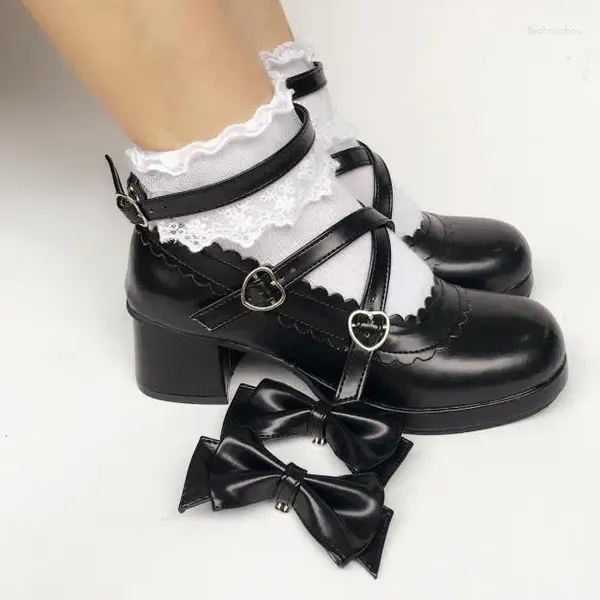 Sapatos de vestido Doce Arcos Cross Straps Lolita Heels Cosplay Bombas Japonesas para Mulheres Preto