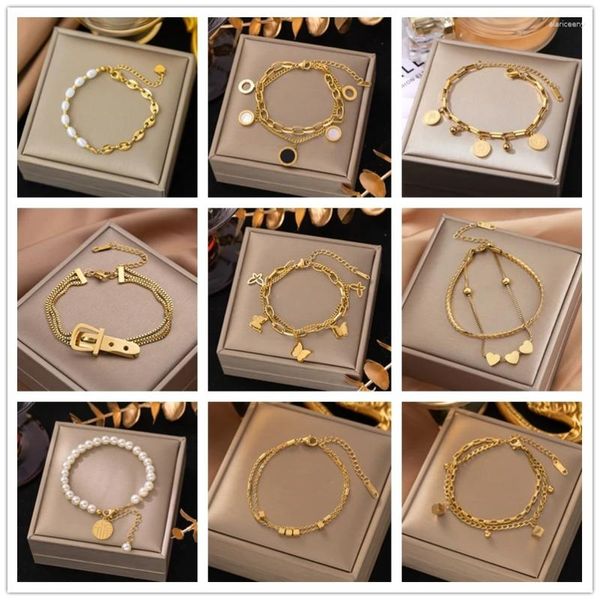 Braccialetti a maglie senza sbiadimento Bracciale in acciaio inossidabile color oro Catena a forma di cuore per donna Uomo Punk Jewlry Regalo 2024