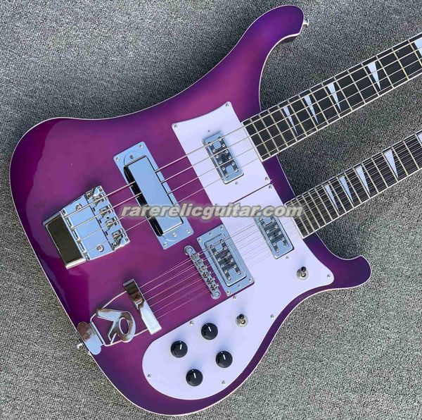 В наличии Trans Purple Double Neck 4003 4 Stings Электрический бас 330 360 12-струнная электрогитара Жемчужный треугольник Инкрустация Хромированная фурнитура